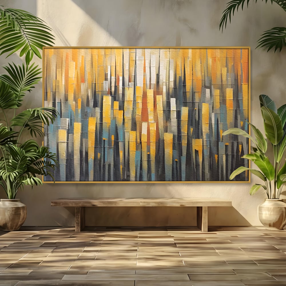 Tablou canvas cu pictura abstracta cu dungi verticale aurii, in rama de aluminiu auriu